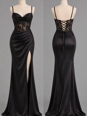 Windsor Black Satin & Lace Corset Gown with High Slit